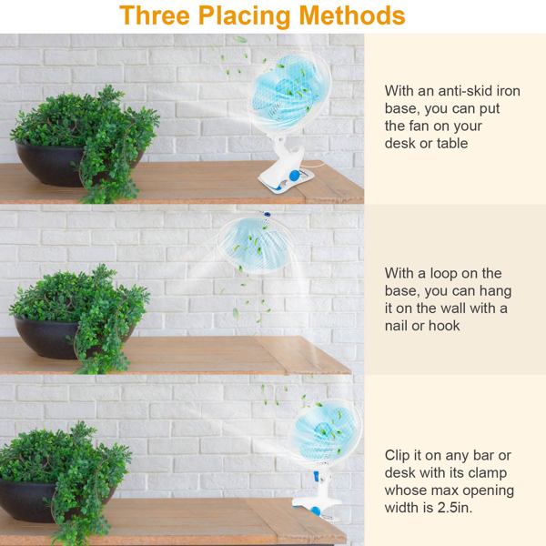 （自提可发加拿大，temu&tk下自提单）三合一夹式风扇，静音小型桌扇，具备两档风速和自动摆动功能，适用于办公室、卧室和婴儿车，婴儿使用安全-3