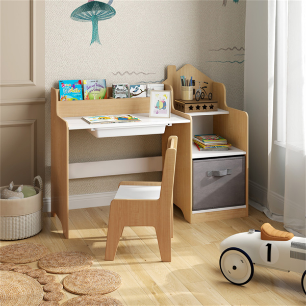 儿童桌椅套装，带储物抽屉，适用于游戏室卧室的房屋形书桌- 自然色-8