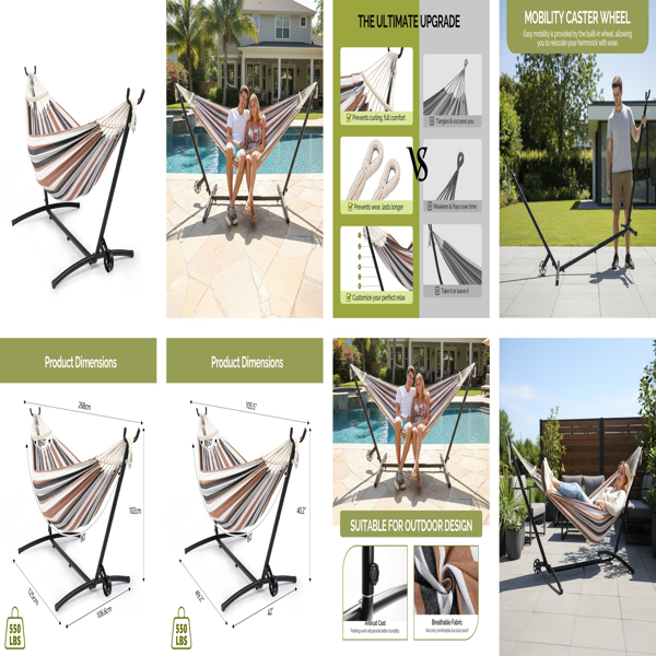 268*107*102CM 带轮羊角架 黑底+咖啡条床面 吊床套装 440lb 配2个木头梳子&600D牛津布收纳袋-9