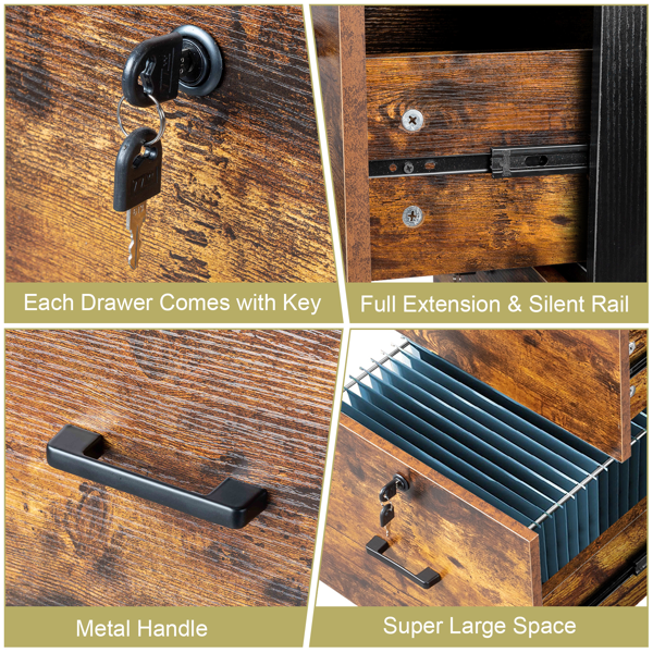 黑撞棕色 P2刨花板 贴三胺 二抽 木制文件柜 适用于Letter带标签文件-5