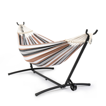 268*107*102CM 带轮羊角架 黑底+咖啡条床面 吊床套装 440lb 配2个木头梳子&600D牛津布收纳袋