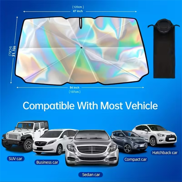 2025升级版美标多用途彩虹遮阳伞汽车挡风玻璃遮阳 - 防紫外线、防热、防刮手柄，10层材质，可折叠遮阳板，55X31.5英寸 - 适用于大多数车辆-4