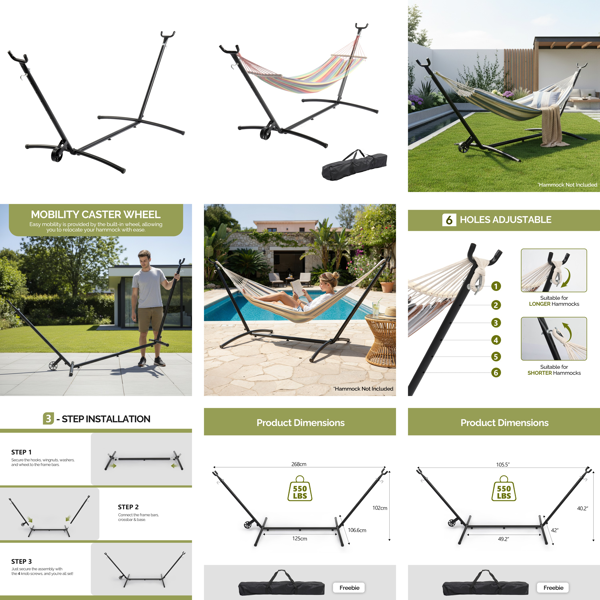 268*107*102CM 带轮羊角架 吊床架 钢管 440lb 配600D牛津布收纳袋-10