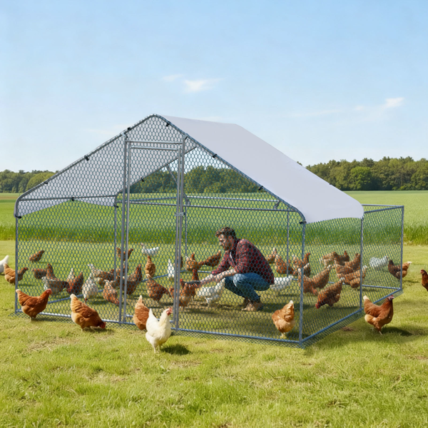 3*2*2/9.8*6.5*6.5ft 银色 尖顶顶部半开间 拼接 180gPE雨布 镀锌管 铁鸡兔笼-6