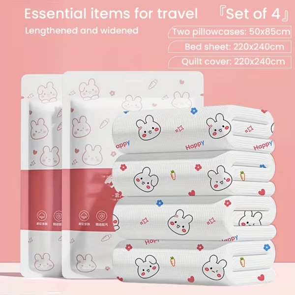 双人床4件套一次性床上用品，或4件套浴巾，厚无纺布，有床罩、床单和2个枕套。旅行床上用品套装，适合出差、旅游及临时客人使用。-7