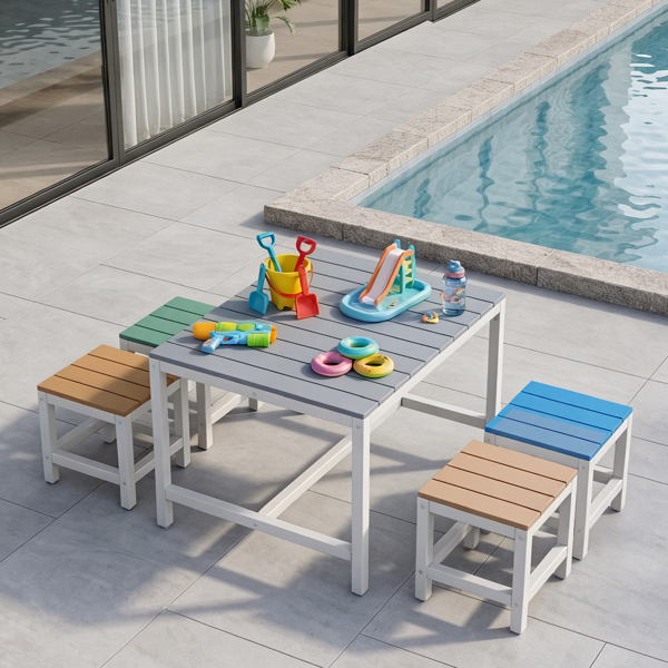 5pcs 1pc桌子+4pcs凳子 29.5in 蓝卡其浅橙蓝绿拼色 儿童庭院桌椅套装 杨木-6