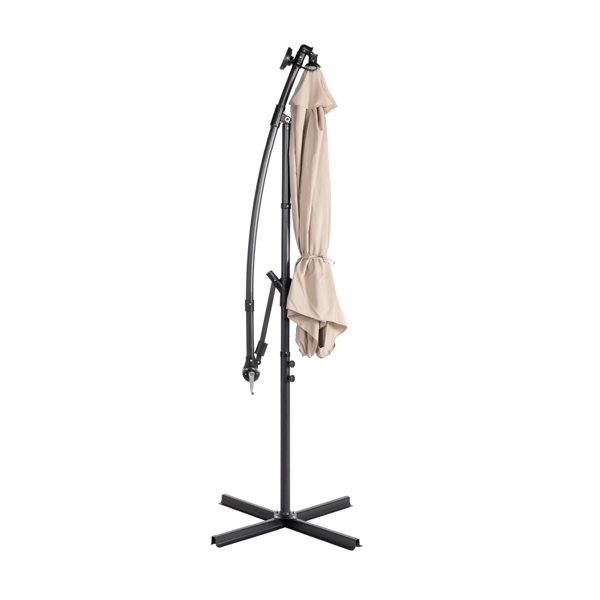 10FT 卡其色 香蕉伞 圆形 太阳伞 涤纶布 6铁伞骨 铁直杆弯杆 带立柱脚筒 十字底座 带18灯珠-2