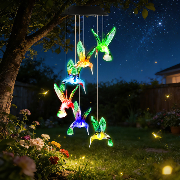 （自提可发加拿大，temu&tk下自提单）蜂鸟造型太阳能风铃，带变色LED灯，防水太阳能风铃，适用于户外花园、露台、阳台及门廊家居装饰，是送给妈妈和女性的圣诞节理想礼物-2pcs-9