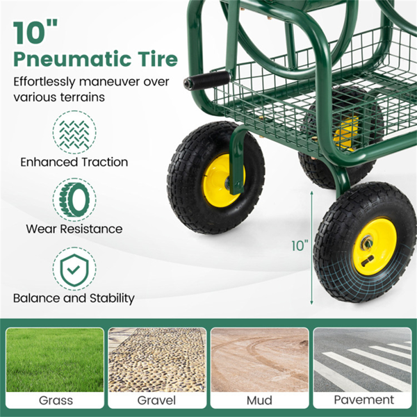重型花园软管卷盘车，带10英寸气动轮，大容量软管卷取机，带储物篮和黄铜配件 -  绿色-10