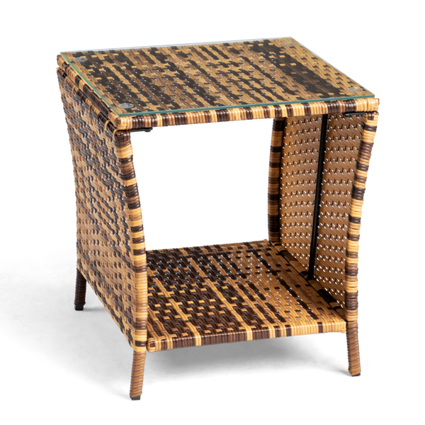 【替换旧编码：21936583】46*46*49.5cm 矩形双层 玻璃桌面 黄色渐变 编藤边桌-4