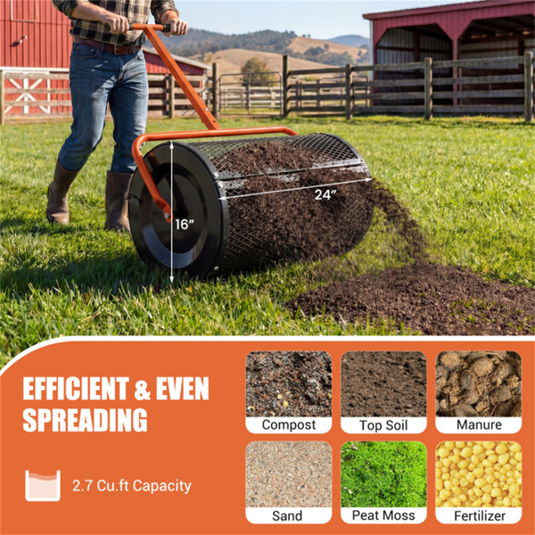 27英寸×16英寸草坪肥料撒布机，带钻石网无结块花园堆肥撒布机-橙色-8