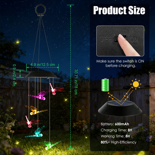（自提可发加拿大，temu&tk下自提单）2件装太阳能蜻蜓风铃，变色LED风铃灯，IPX4级防水户外悬挂装饰，适用于花园、露台和庭院-7