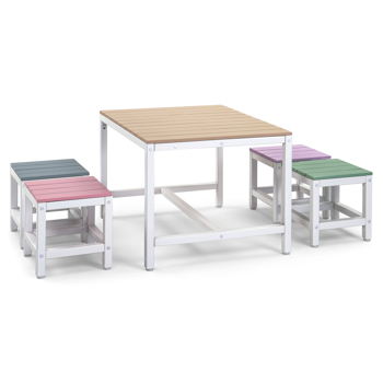 5pcs 1pc桌子+4pcs凳子 29.5in 卡其粉紫蓝绿拼色 儿童庭院桌椅套装 杨木