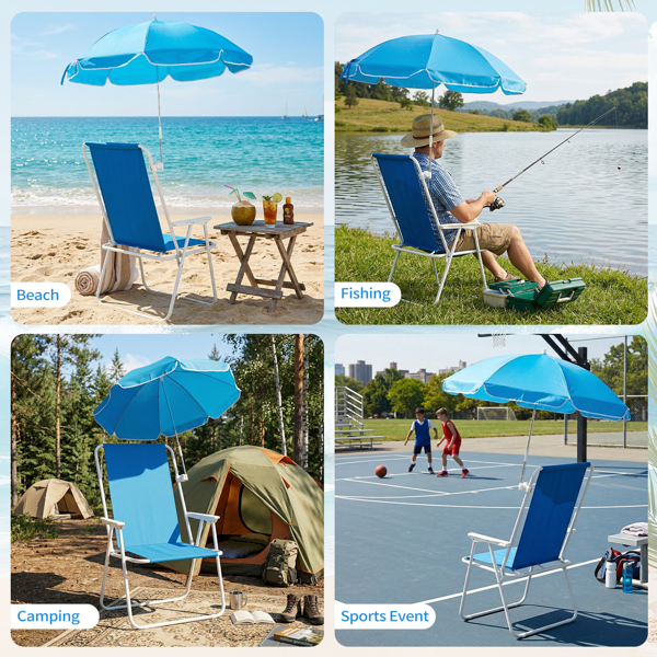 1pcs 座高15in XL  宝蓝色 铁沙滩椅 带伞 连体牛津布有横杆一档调节带伞弹簧铁沙滩椅15"-1 63*60*95cm 120kg-10