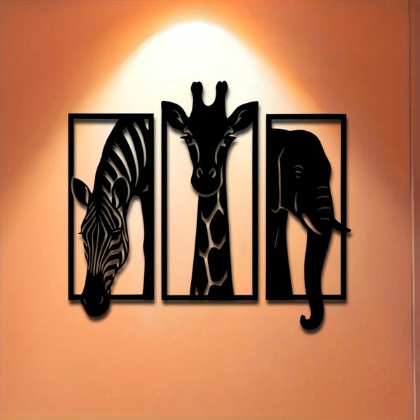 CIFbuy 金属烤漆非洲动物三联壁挂 斑马长颈鹿大象造型客厅墙面装饰（TikTok，temu 自提）-3