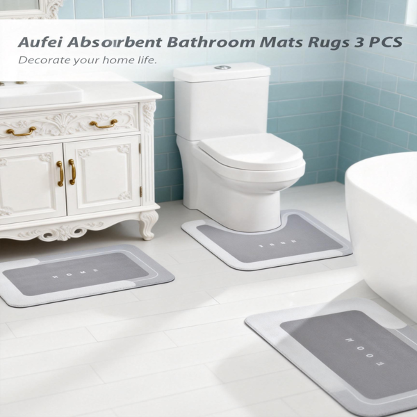 3件套吸水浴室地垫魔术地毯套装，速干浴室地垫防滑地毯，橡胶底，适用于浴室、厨房、淋浴间和洗手池-2