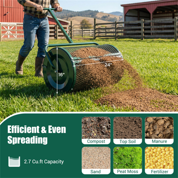 27英寸×16英寸草坪肥料撒布机，带钻石网无结块花园堆肥撒布机-10