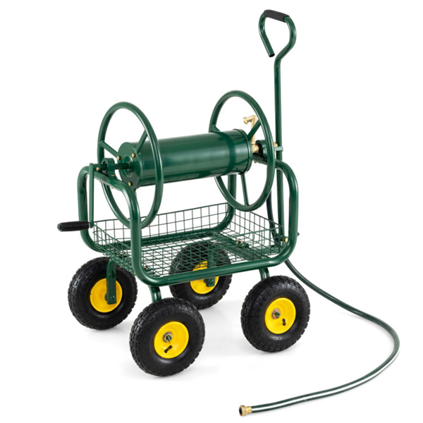 重型花园软管卷盘车，带10英寸气动轮，大容量软管卷取机，带储物篮和黄铜配件 -  绿色-3