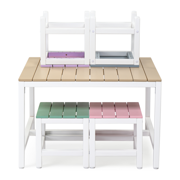 5pcs 1pc桌子+4pcs凳子 29.5in 卡其粉紫蓝绿拼色 儿童庭院桌椅套装 杨木-4