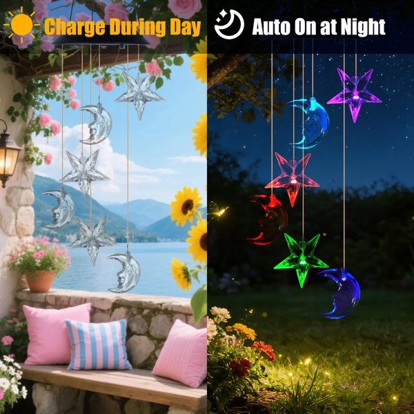（自提可发加拿大，temu&tk下自提单）户外太阳能风铃，月亮与星星变色LED灯，适用于露台、花园和庭院的防水悬挂装饰，完美礼物-2PCS-9