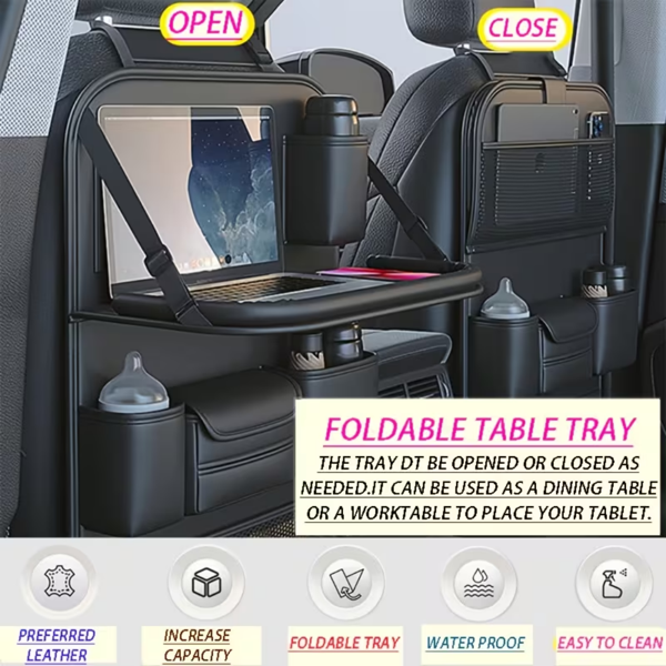 汽车后座收纳袋,带可折叠桌面托盘,带触摸屏手机支架的悬挂储物袋,优质 PU 皮革材料,与大多数车辆兼容,内部汽车配件-6