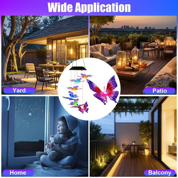 （自提可发加拿大，temu&tk下自提单）2件装户外太阳能风铃，太阳能蝴蝶风铃，变色LED风铃灯，IPX4级防水，适用于花园、露台和阳台的户外悬挂装饰-5