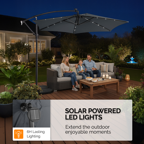 10FT  灰色 香蕉伞 圆形 太阳伞 涤纶布 6铁伞骨 铁直杆弯杆 带立柱脚筒 十字底座 带18灯珠-19