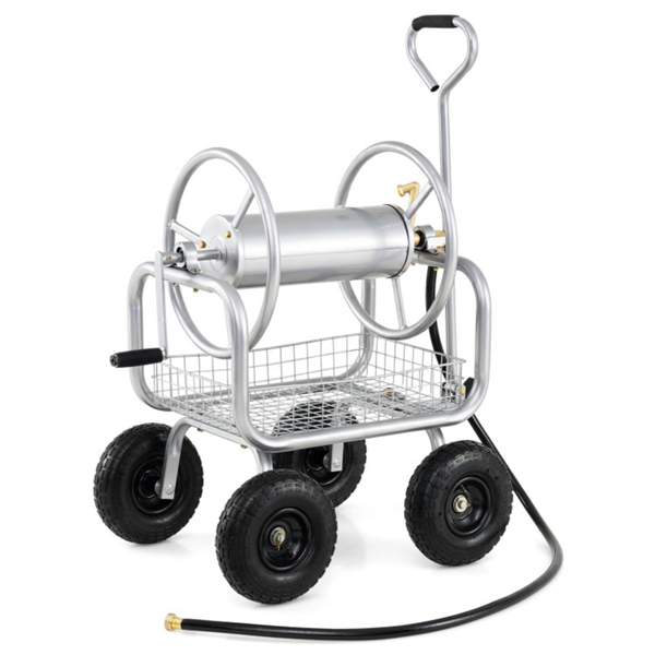 重型花园软管卷盘车，带10英寸气动轮，大容量软管卷取机，带储物篮和黄铜配件 -  银色-4