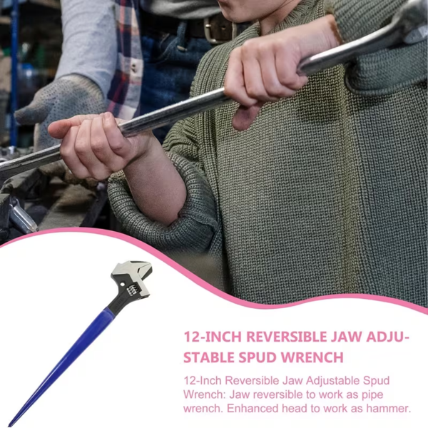 [重型扳手] 16英寸可调节建筑用螺旋扳手，4合1多功能用途，适用于螺旋扳手、可调节扳手和锤子，最大扳手口容量高达1.57英寸-7