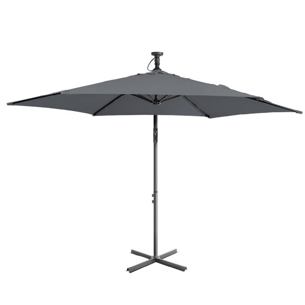 10FT  灰色 香蕉伞 圆形 太阳伞 涤纶布 6铁伞骨 铁直杆弯杆 带立柱脚筒 十字底座 带18灯珠-3