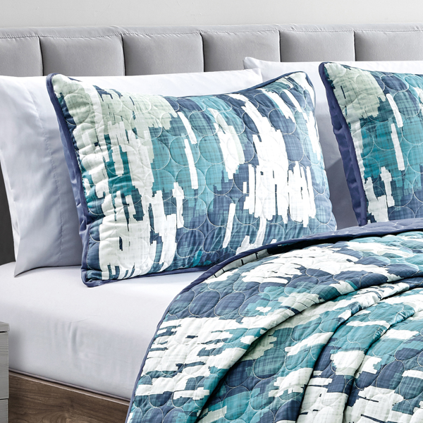 三件套白蓝抽象双面绗缝床品套件 - 双人床（Queen 尺寸）-3