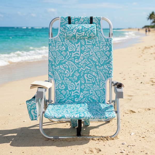 1pcs 座高8.5in 青色部落花纹 铝沙滩椅 带头枕 双肩带 二合一布杯托侧袋 背部冰包 连体牛津布有横杆五档调节可平躺铝沙滩椅8.5"-1 63*109*84cm 120kg-11