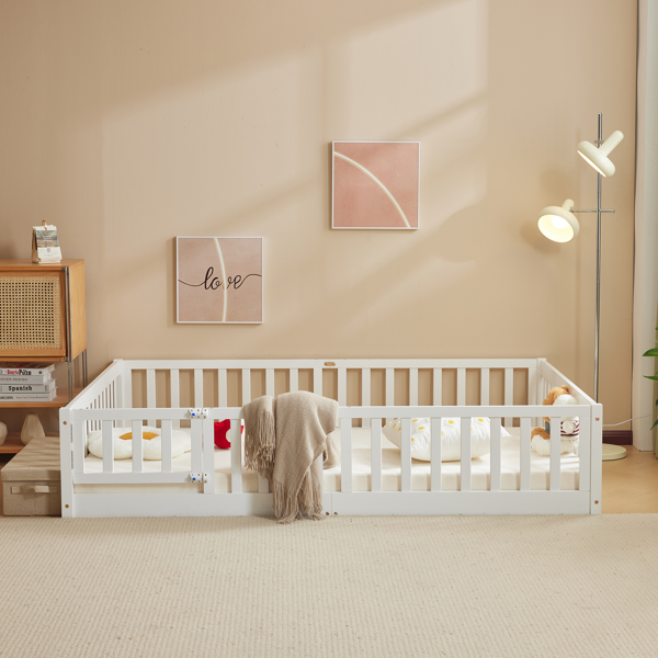 白色 油漆面 松木 围栏床 带门 带铺板 Full 儿童木床-11