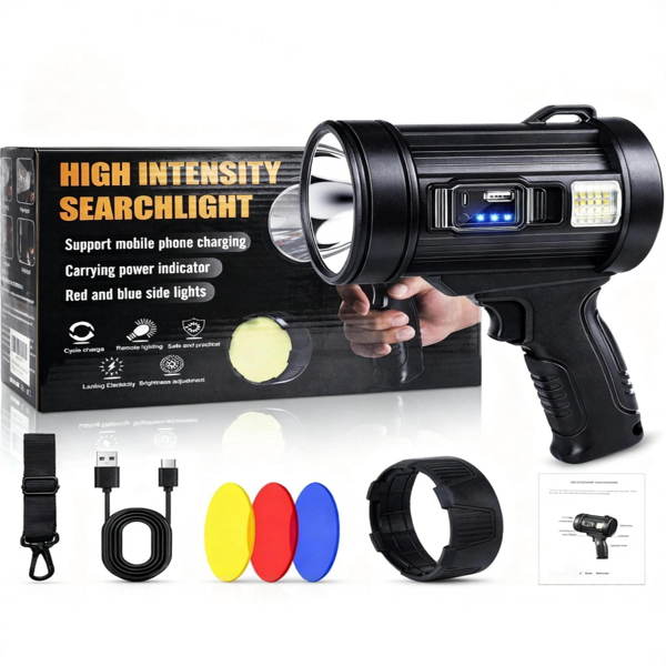 可充电聚光灯，超亮聚光手电筒，长续航聚光探照灯，户外手持LED手电筒，高流明，带太阳能电池板，适用于狩猎、露营、划船等活动。-2