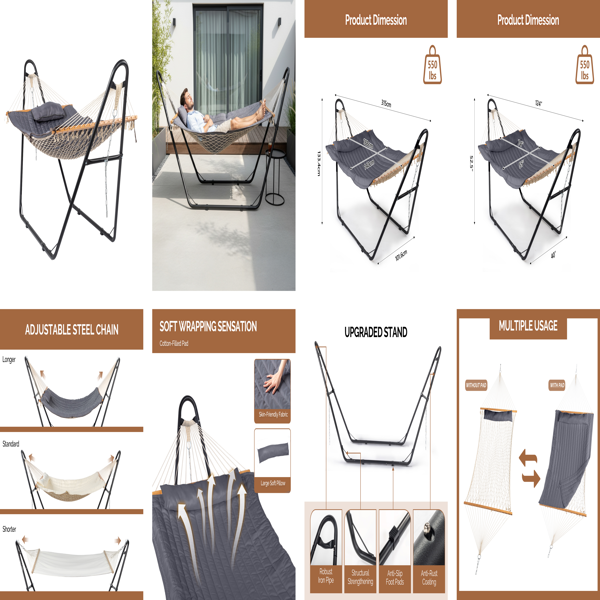 315*104*128CM 大双杆  灰色床面+黑色架子 吊床套装 440lb 底部网兜双层夹棉床面-8