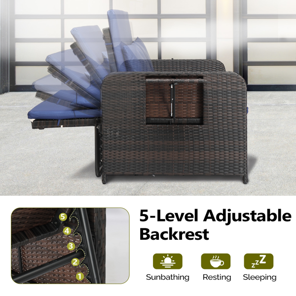 情人椅+储物脚凳 靠背可调节  带杯托 棕色渐变藤条 蓝色垫子 编藤躺床-6