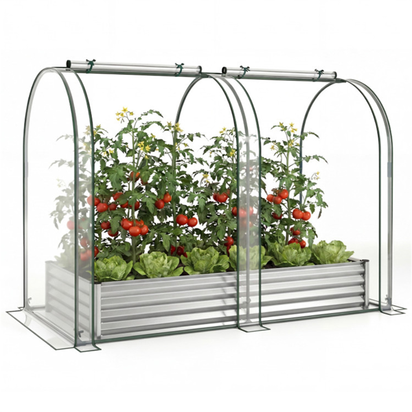 三合一高架花园床，带温室盖130加仑镀锌金属花盆箱 - 银色-2