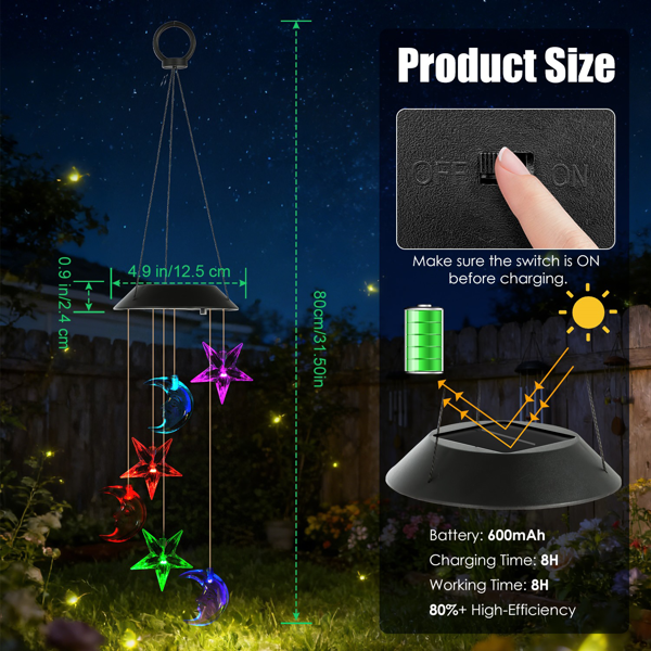 （自提可发加拿大，temu&tk下自提单）户外太阳能风铃，月亮与星星变色LED灯，适用于露台、花园和庭院的防水悬挂装饰，完美礼物-2PCS-7