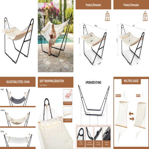 315*104*128CM 大双杆  米白色床面+黑色架子 吊床套装 440lb 底部网兜双层夹棉床面-8