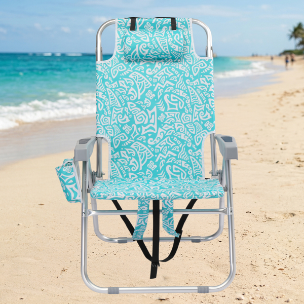 1pcs 座高15in 青色部落花纹 可平躺 铝沙滩椅 带头枕 双肩带 二合一布杯托侧袋 背部冰包 连体牛津布有横杆五档调节可平躺铝沙滩椅15"-1 63*109*102cm 120kg-11