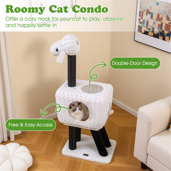 14×18.5×43" Lamb-Shaped Cat Tree with Rattan Condo & Sisal Scratching Posts Indoor Cat Tower-7
