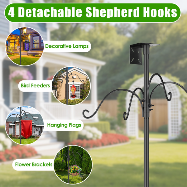 （自提可发加拿大，temu&tk下自提单）带松鼠防护装置的喂鸟架，五爪底座重型喂鸟架，32“-94” 可调节高度喂鸟站，配有4个牧羊钩，适用于户外花园庭院-7