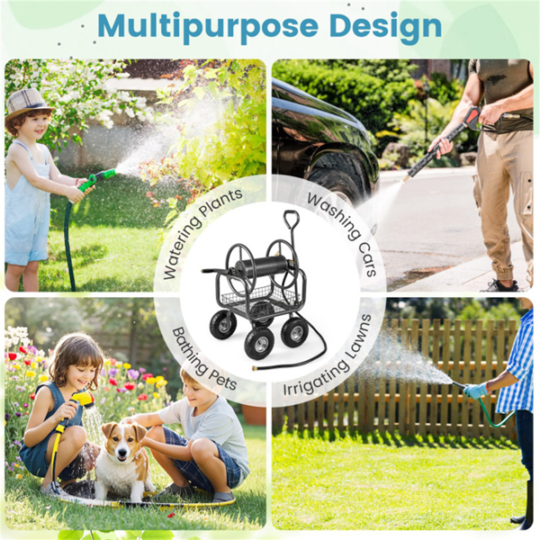 重型花园软管卷盘车，带10英寸气动轮，大容量软管卷取机，带储物篮和黄铜配件 -  灰色-8