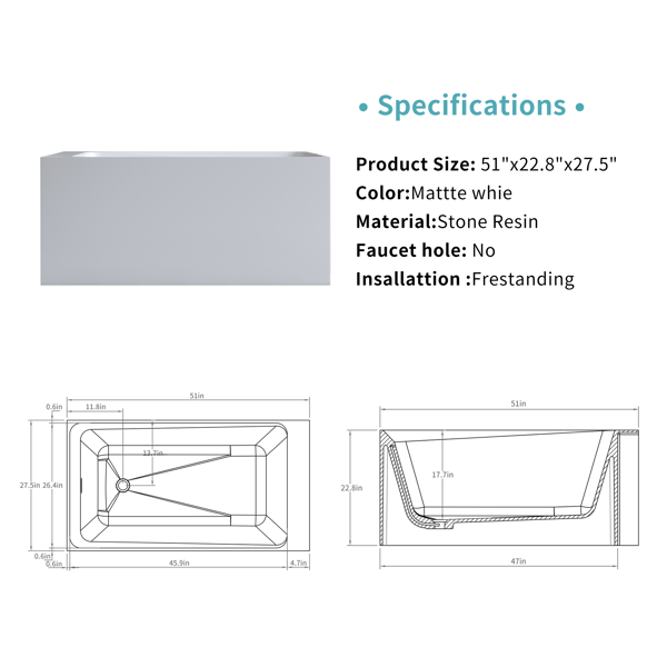 51英寸哑光人造石浴缸，独立式人造石树脂浴缸，哑光白色人造石浸泡浴缸，带溢流口和弹出式排水口的独立式浴缸，哑光白色-8