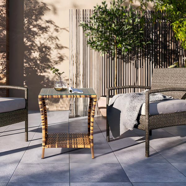 【替换旧编码：21936583】46*46*49.5cm 矩形双层 玻璃桌面 黄色渐变 编藤边桌-13