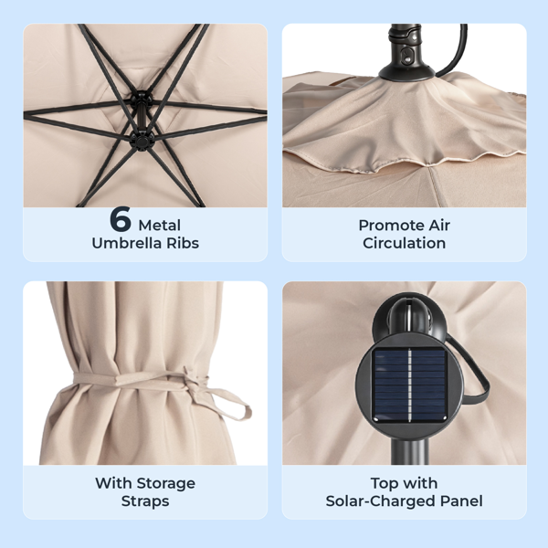 10FT 卡其色 香蕉伞 圆形 太阳伞 涤纶布 6铁伞骨 铁直杆弯杆 带立柱脚筒 十字底座 带18灯珠-19
