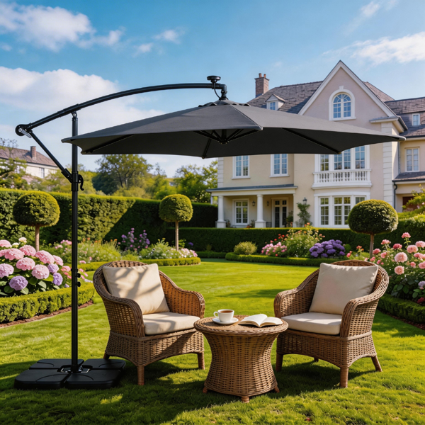 10FT  灰色 香蕉伞 圆形 太阳伞 涤纶布 6铁伞骨 铁直杆弯杆 带立柱脚筒 十字底座 带18灯珠-28