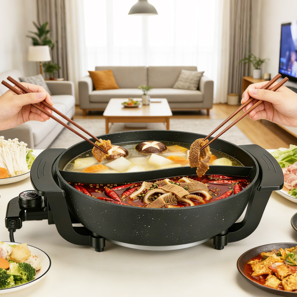 （自提可发加拿大，temu&tk下自提单）6升大容量带隔板的电火锅，5档可调温度不粘电炊具，3-6人用多功能火锅锅配烹饪工具-6