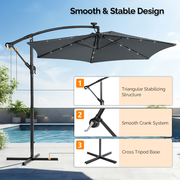 10FT  灰色 香蕉伞 圆形 太阳伞 涤纶布 6铁伞骨 铁直杆弯杆 带立柱脚筒 十字底座 带18灯珠-17