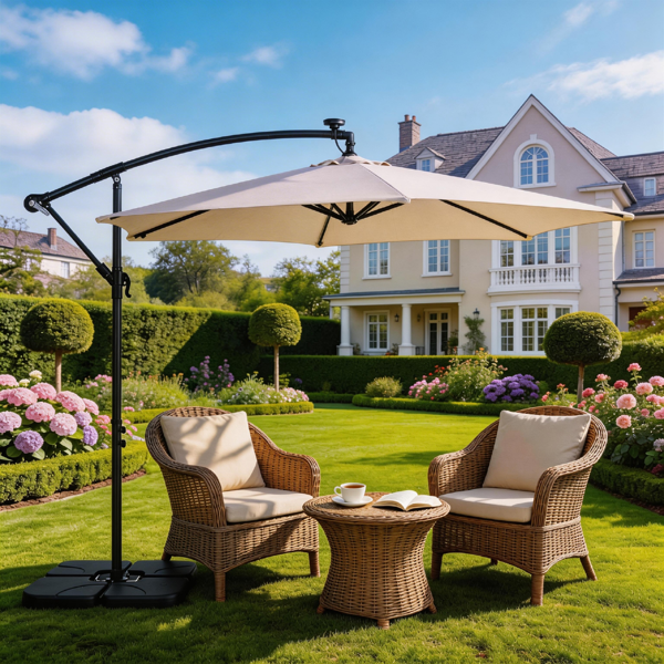 10FT 卡其色 香蕉伞 圆形 太阳伞 涤纶布 6铁伞骨 铁直杆弯杆 带立柱脚筒 十字底座 带18灯珠-30